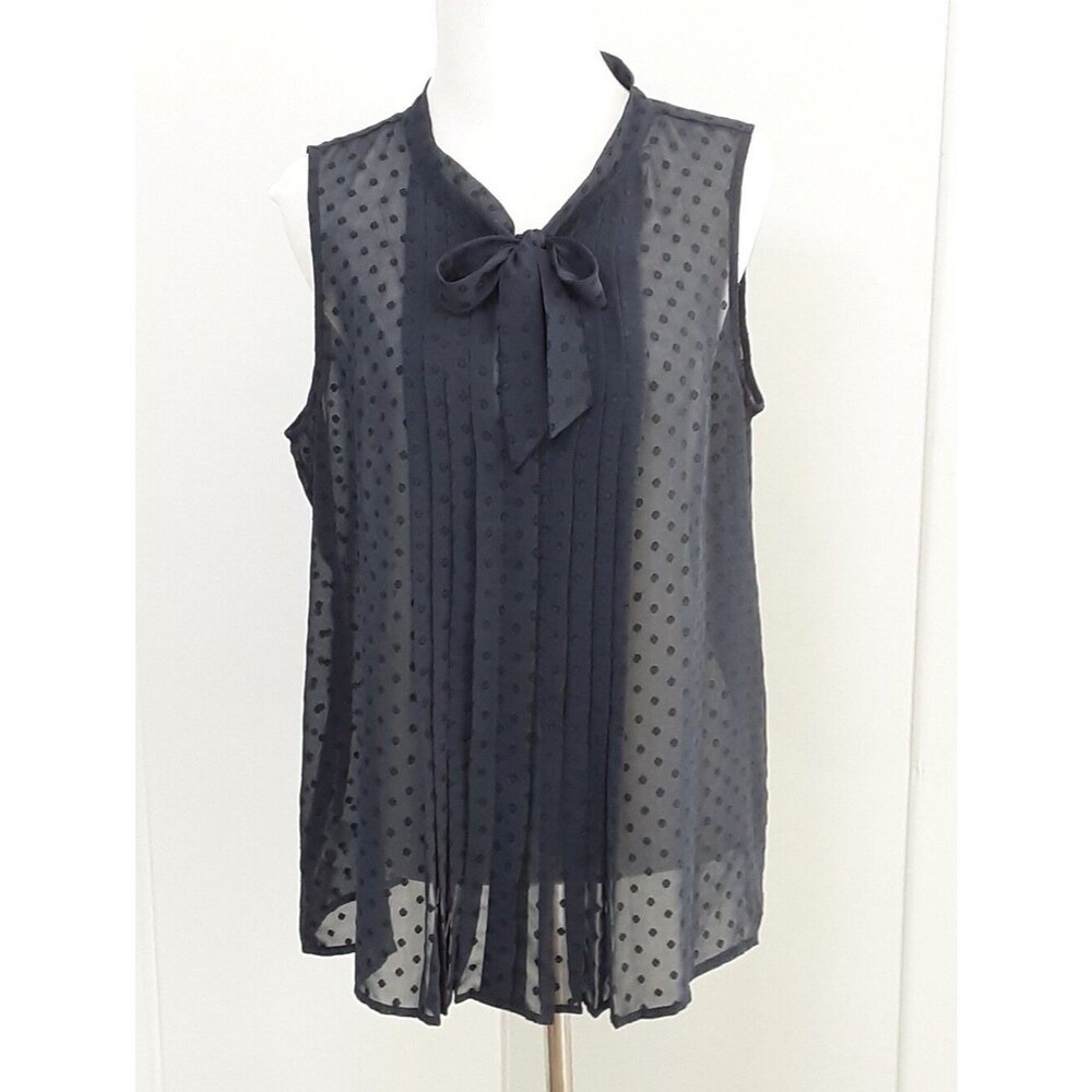 LOFT By Ann Taylor Navy Blue Semi-Sheer Sleeveless Swiss Dot Tie-Neck Top Sz LP